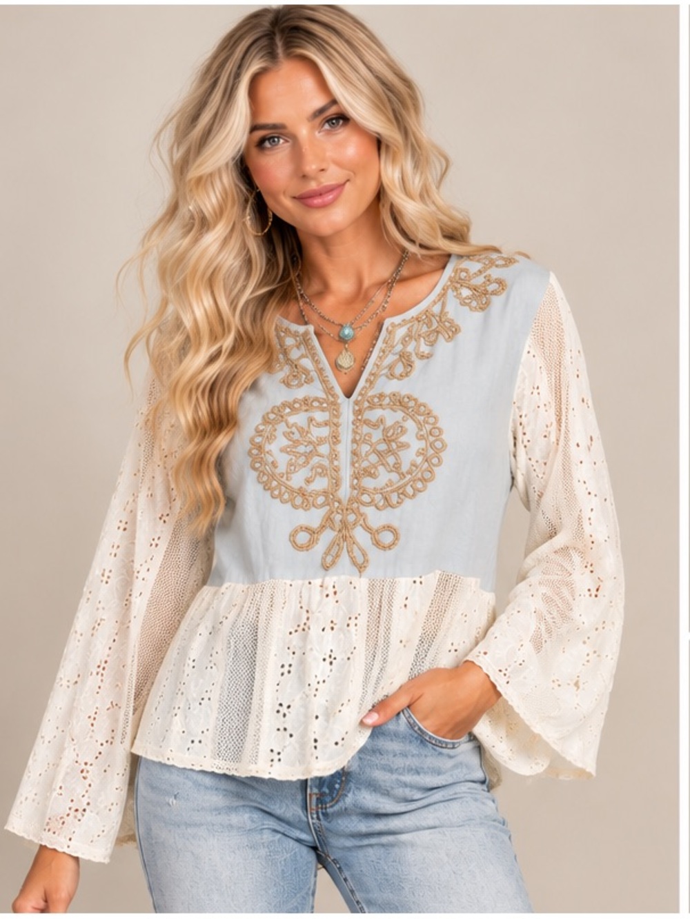 Embroidered Peplum Blouse in Blue & White